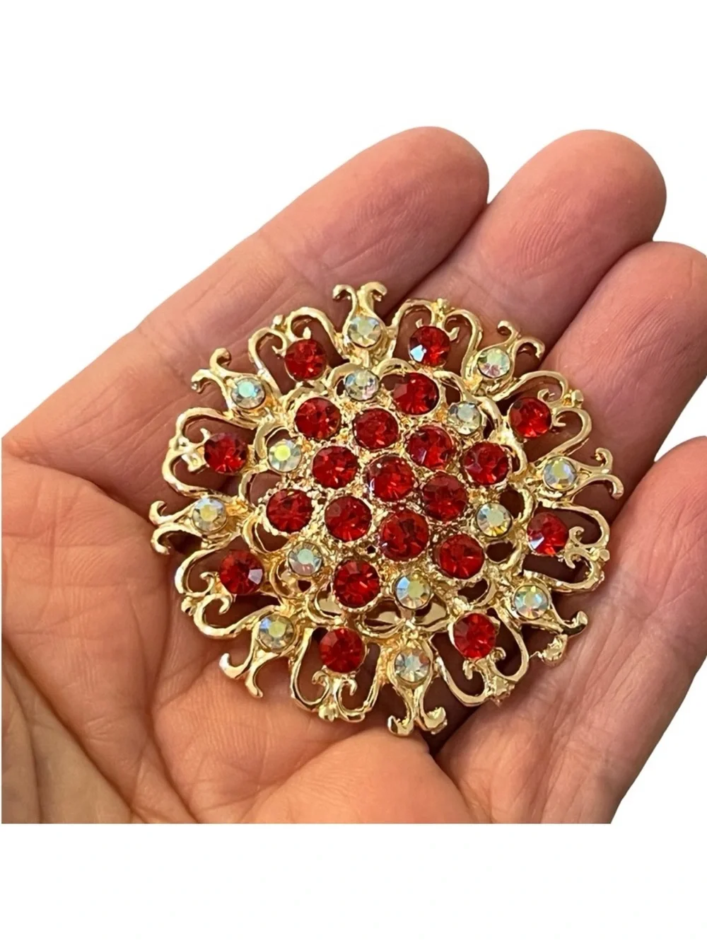 Gold-Tone Floral Brooch with Red and Aurora Crystals FINAL PRICE DROP